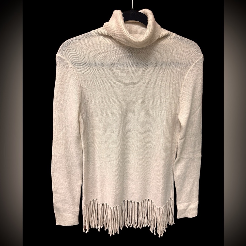 Aqua Oatmeal Fringed Cashmere Turtleneck Sweater, Size XS
